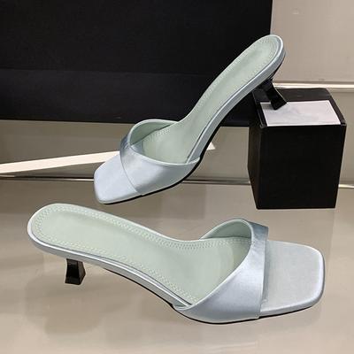 Летняя вечеринка Низкие тонкие каблуки Тапочки для женщины Уютный шелк Квадратный носок Слипоны Шлепанцы Мюли Сандалии Женские Zapatos Mujer