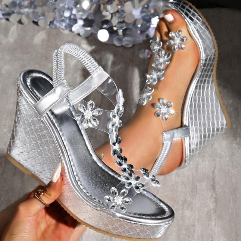 Прозрачные босоножки на покатом каблуке, женские летние цветочные туфли на высоком каблуке, женские туфли большого размера
