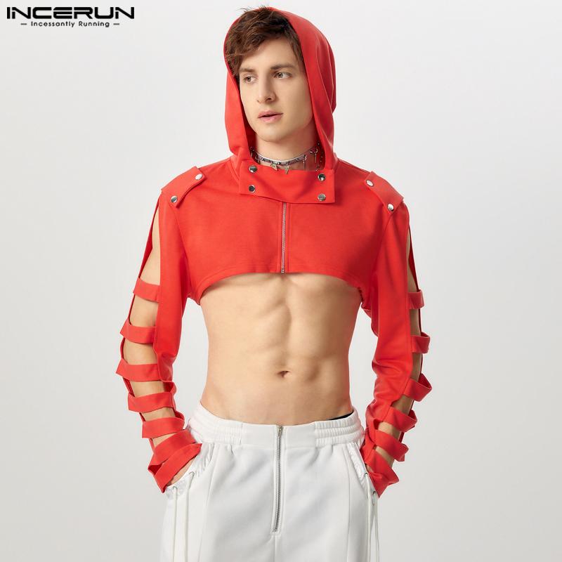 INCERUN Мужские короткие топы с длинным рукавом, однотонные укороченные толстовки с капюшоном
