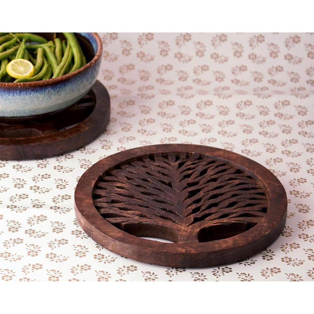 Set of 2 Wooden Trivets for Hot Dishes Pots and Pans Tea Pot Holders Nonslip Heat Resistant Kitchen Counter AL) 8" Diameter Tree of Life