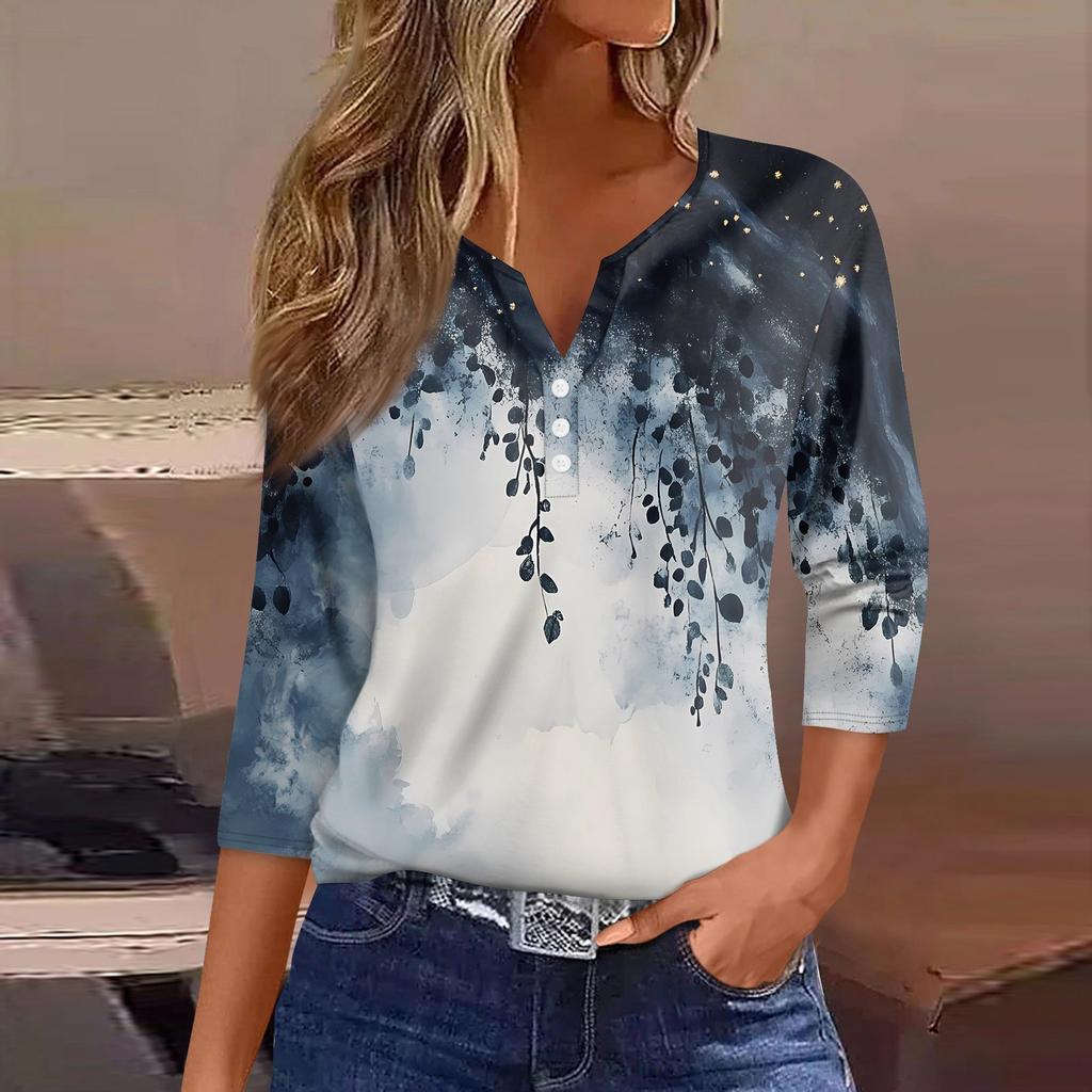 Жен. Футболка С принтом Пуговицы Рукав 3/4 Повседневные Выходные Мода Классический Классический V-образный вырез Обычный Верх