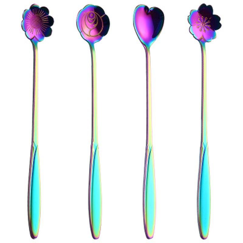 4 шт./лот, посуда из нержавеющей стали, Радужный цветок, ложка для льда, ложка для сахара, ложка для чая, кофе, размешиватель, бар Sp