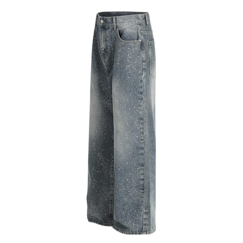Mens Relaxed Fit Straight Leg Denim Jeans With Washed Effect Rhinestone Embellishment Vintage Streetwear Style