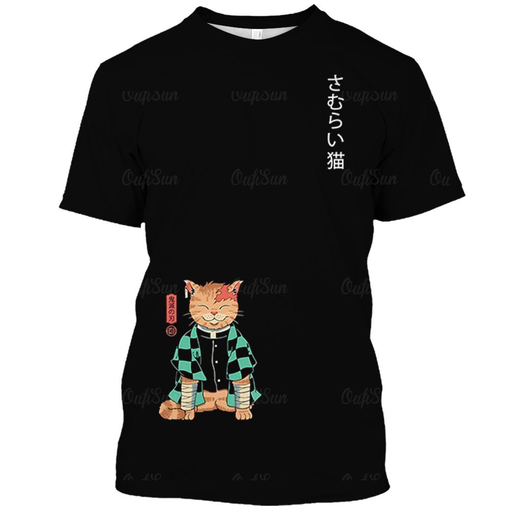 Футболка мужская с изображением аниме-кота, 3D-принт, короткие рукава, свободные черные уличные японские футболки, повседневная мужская одежда