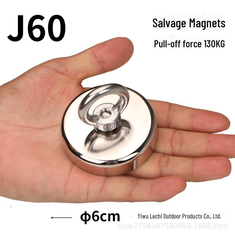 Мощный магнитный спасательный магнит J48 с магнитом NdFeB, основанием с присоской и подъемным кольцом для надежного удержания и фиксации.