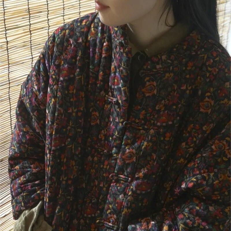 Johnature Женские вельветовые парки в китайском стиле с длинными рукавами и пуговицами, зимние винтажные пальто с цветочным принтом, теплые зимние парки