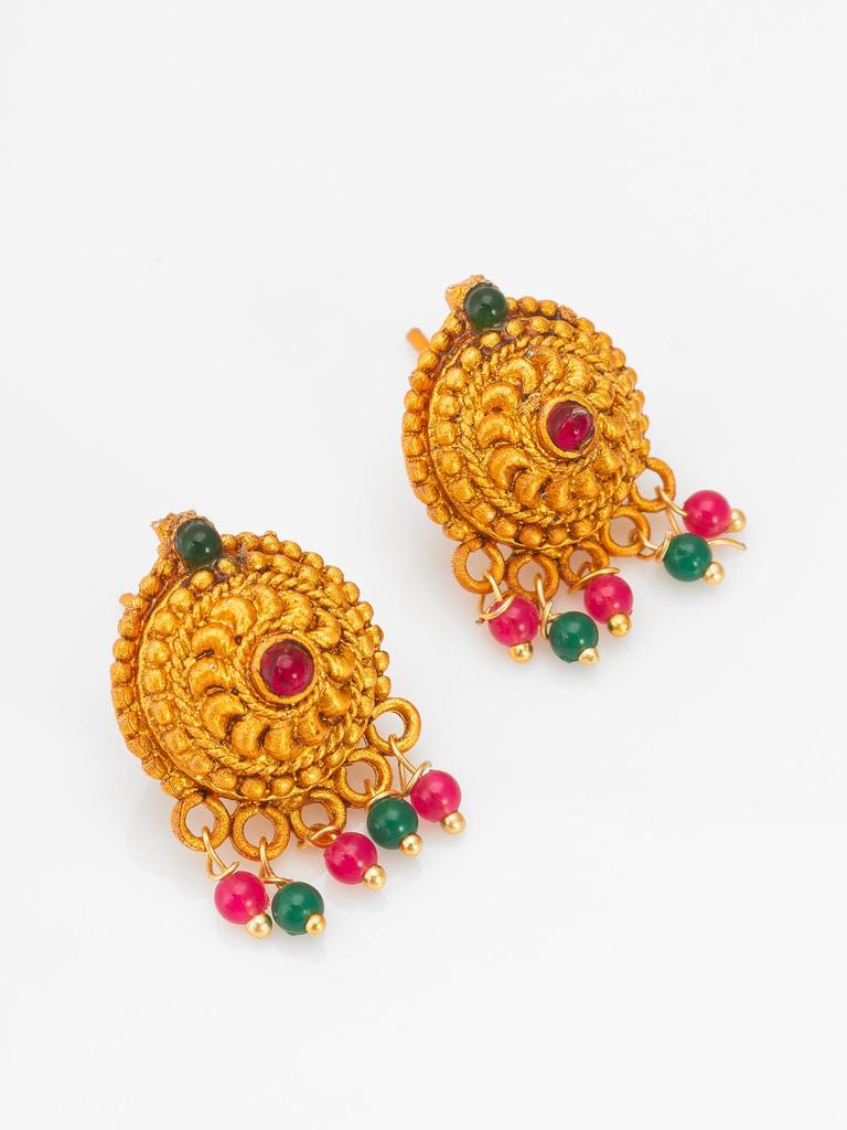 Gold-Plated Multi Stone-Studded & Beaded Temple Jewellery Set