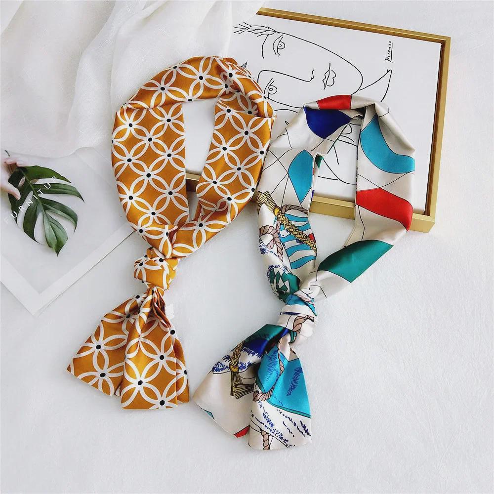 Корейский модный шелковый шарф: Женский длинный, узкий, декоративный шарф на весну, осень, зиму.