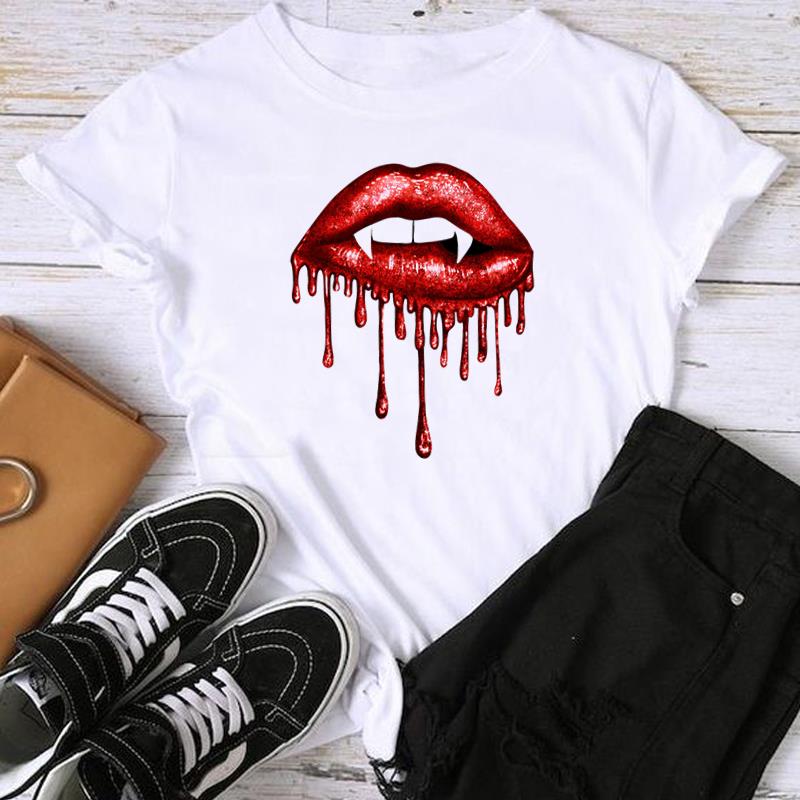 (Asian Size) Fashion Lip Watercolor Style 90s Trend Sweet Print Graphic Tee Female Casual T Clothing Casual Women's Top Short Sleeve T-shirt