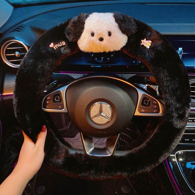 Winter Cute Pacha Dog Car Steering Wheel Cover Warm Plush Men and Women Cartoon Internet Celebrity Non-Slip Car Handle Cover Goddess