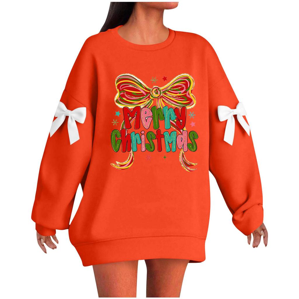 Ladies' Christmas Printed Bow Round Neck Long Sleeved Loose Pullover Sweater Sweatshirt Top