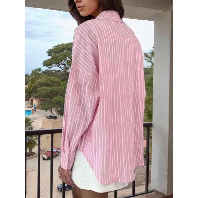Women Striped Linen Button‑Down Shirt Loose Long Sleeve Casual Oversized Blouse For Daily Wear