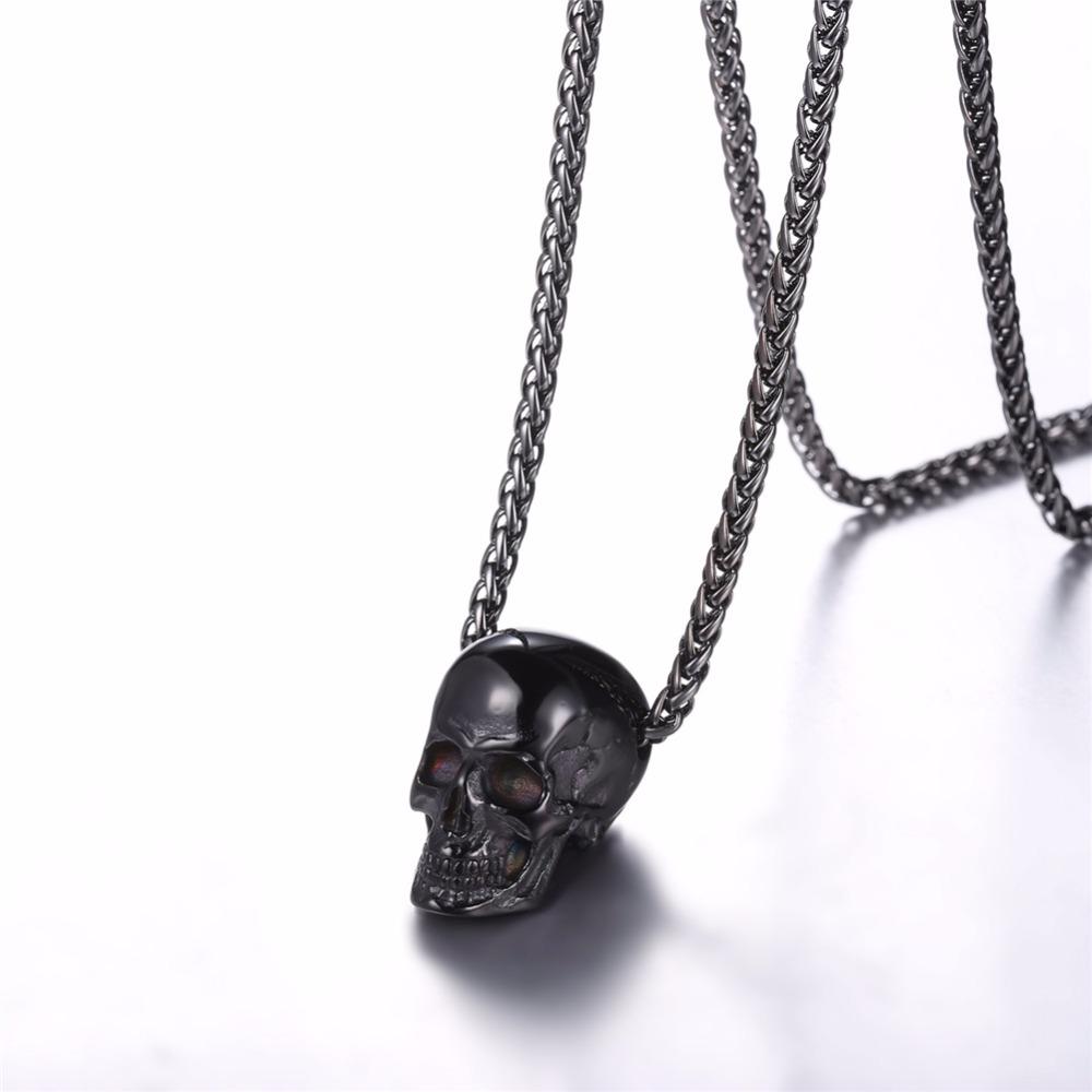 U7 Skull Necklace Pendant Skeleton Men Gift Punk Retro Gothic Goth Stainless Steel Halloween Daily Jewelry