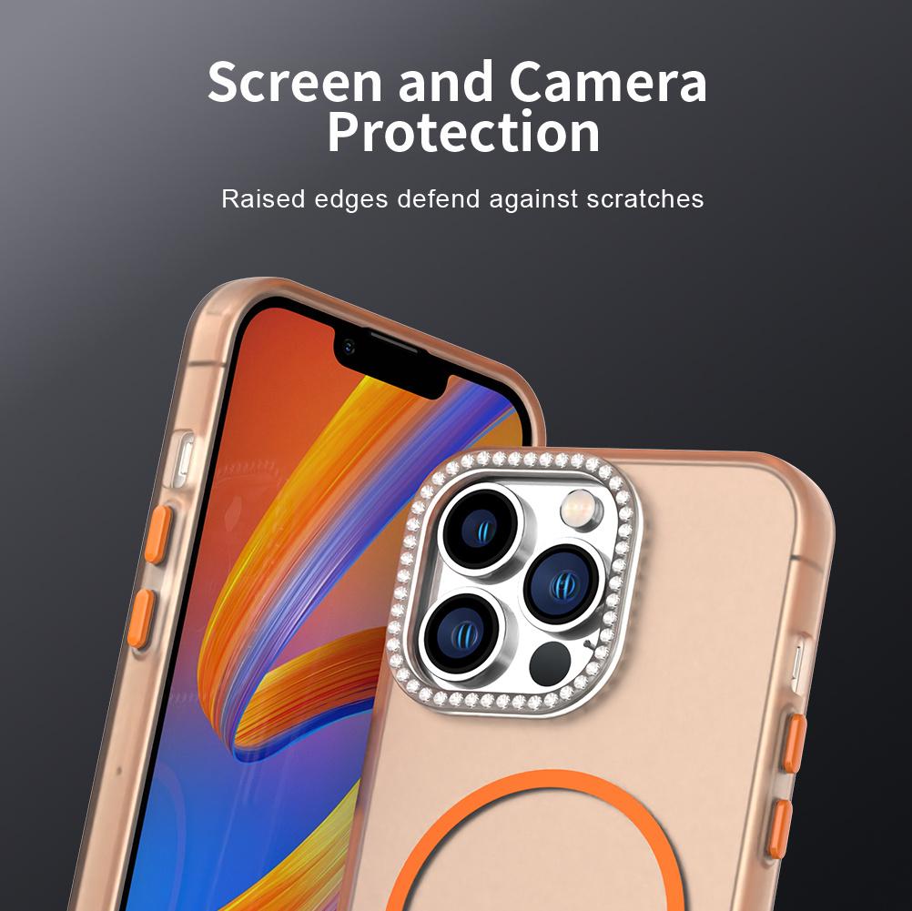 For iPhone 13 Pro Max Case Compatible with MagSafe TPU+PC+PET Phone Cover Rhinestone Decor Lens Frame