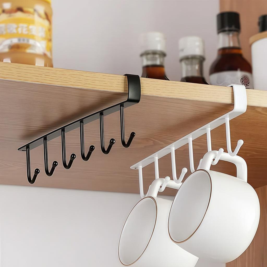 1pcs 6-Hook Coffee Cup Mug Holder Black/White Multi-Function Kitchen Bathroom Household Organizer Storage Hanger with Shelf