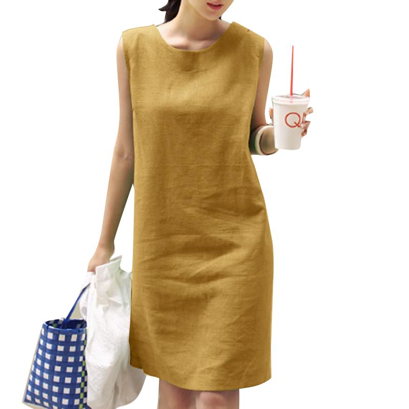 ZANZEA Женское летнее хлопковое платье-майка без рукавов с круглым вырезом