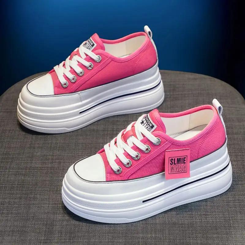 Массивные розовые парусиновые повседневные туфли на толстой подошве, дышащие, удобные кроссовки весна-лето, женская мода, увеличивающая рост обувь