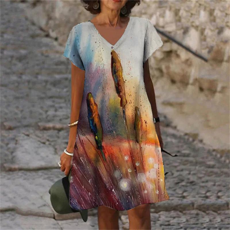 Растения Цветы Тай-дай Градиентный Принт Женское Платье Повседневное V-образный вырез Короткий рукав A-силуэт Платья Лето 2023 Новая Одежда Оверсайз