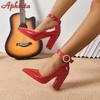 Fashion Aphixta 2025 Sexy 10cm Square Heels Pumps Women 2cm Belt Buckle Pimp Red Pearl Buckle Ankle Strap Shoes Pointed Toe Big Size 50