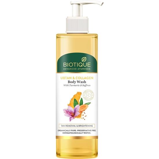 Biotique Гель для душа с убтаном и коллагеном, полезными свойствами куркумы и шафрана для очищения пор | Свежая и сияющая кожа | Для мужчин и женщин - 200 мл