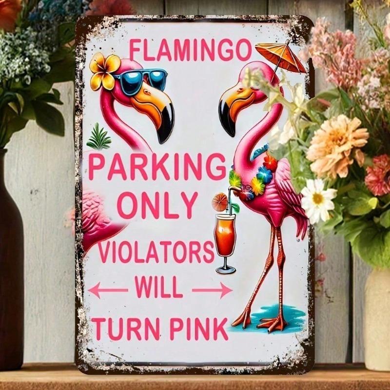 VIBE HAUS Funny Flamingo Parking Only Sign, Large 8x12 Inch Retro Tropical Wall Decor with Glasses & Drink for Patio Bar Garage,