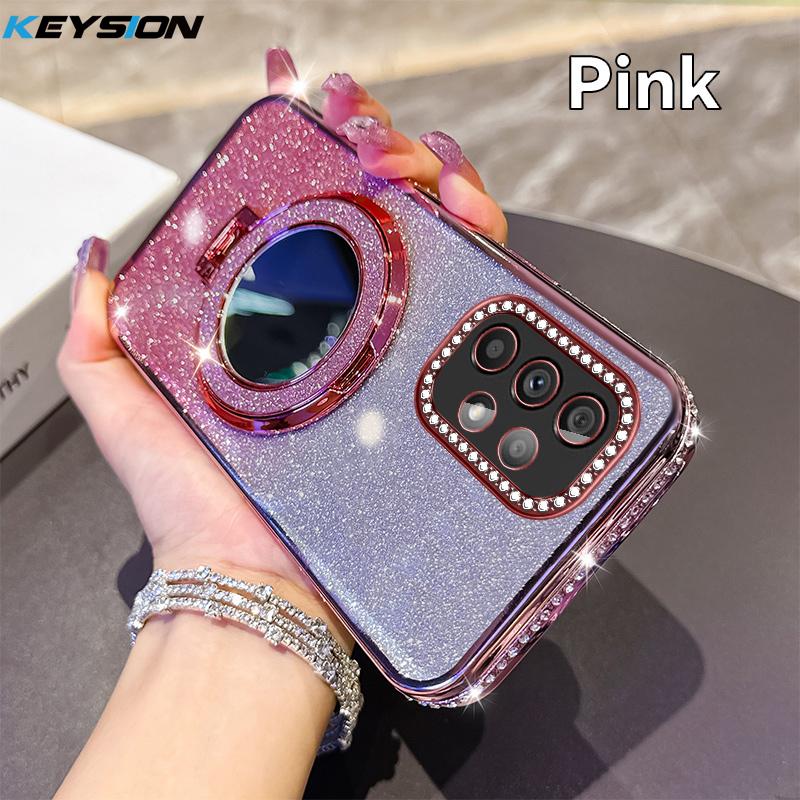 KEYSION Luxury Glitter Jewelled Magnetic Phone Case for Samsung Galaxy A52 S 5G A32 4G Makeup Mirror Stand Shockproof Back Cover