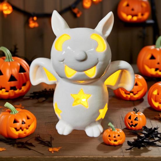 Light Up Halloween Decoration Ceramic Carved Pumpkin Skull Bat Figurine