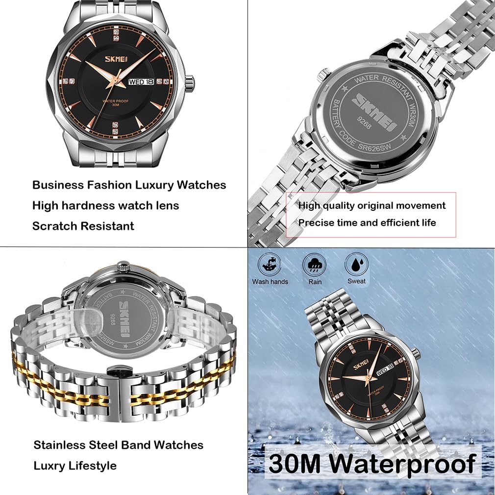 SKMEI Pair Couple Watches Pair Watches Couple Popular Pair Watch Set Classic Silver Stainless Steel Band Waterproof Business Luxury Brand Present