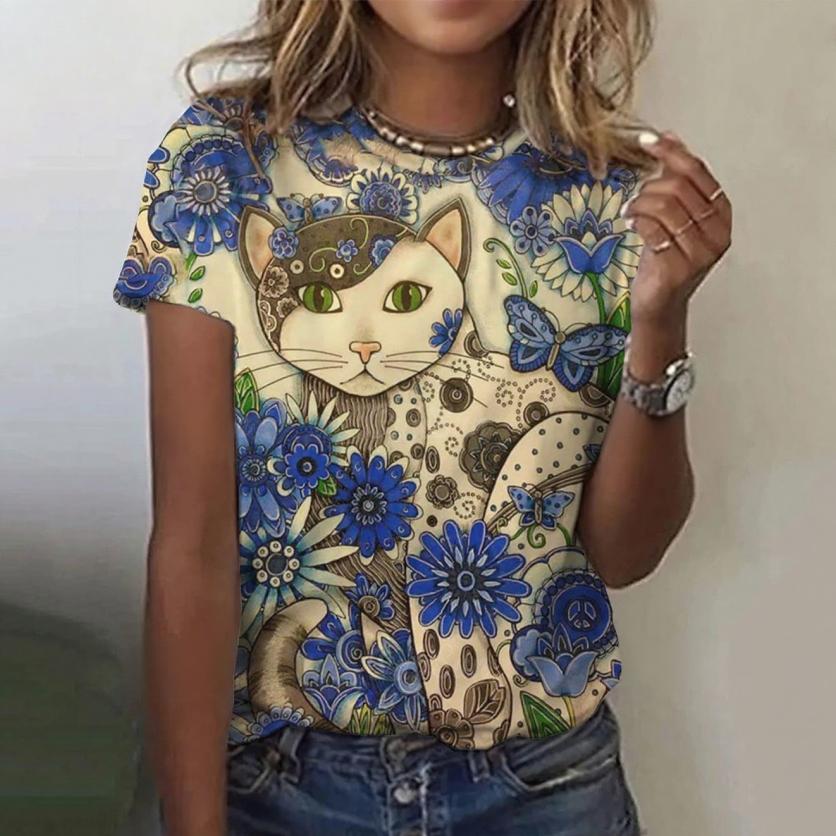 Летний топ с круглым вырезом, 3D-принтом милого кота каваи, модная повседневная женская футболка с коротким рукавом