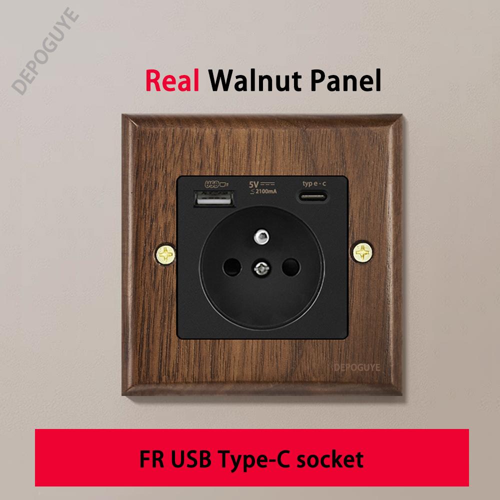 Черная ретро-панель тумблера на стену из грецкого ореха 1-4 клавиши 2-сторонняя из массива дерева двойная универсальная электрическая розетка EU/FR с USB-C