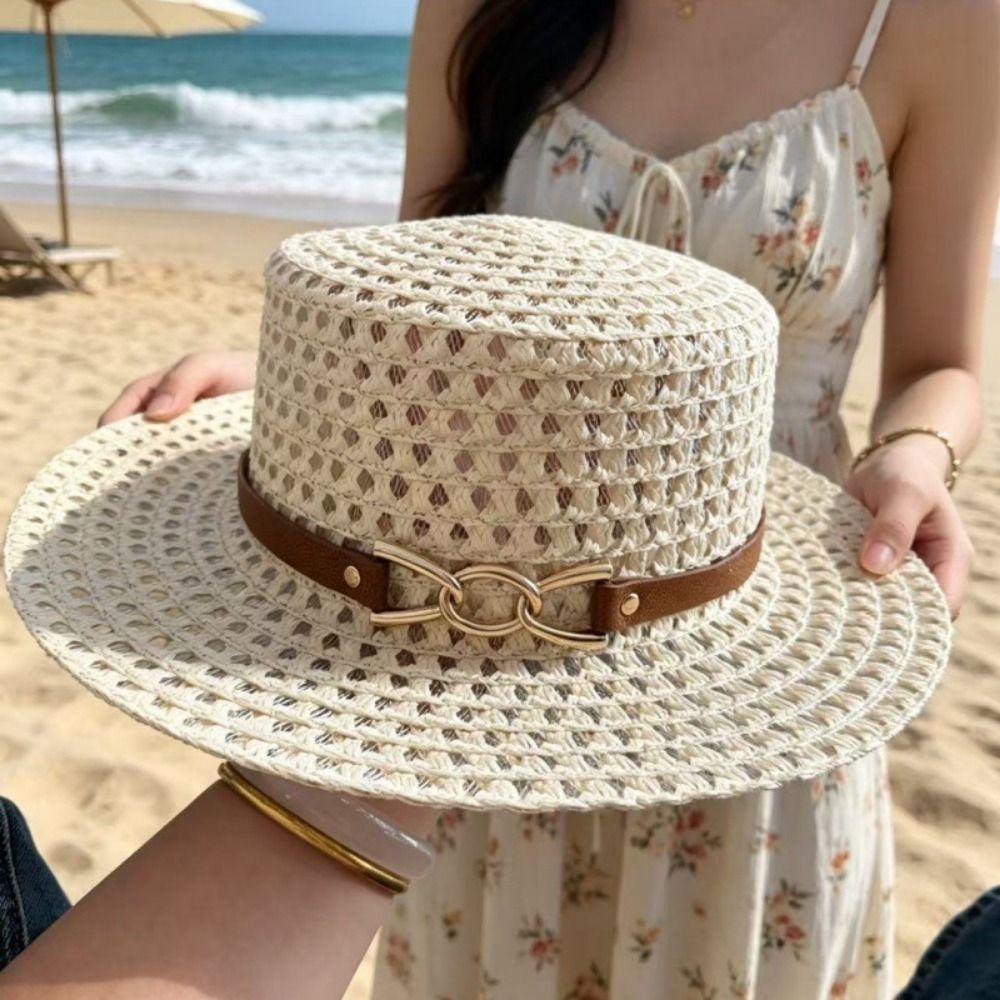 Hollow Out Straw Hat Buckle Decorated Band Beach Sun Hat Fashion Flat Brim Hat Coastal Trip