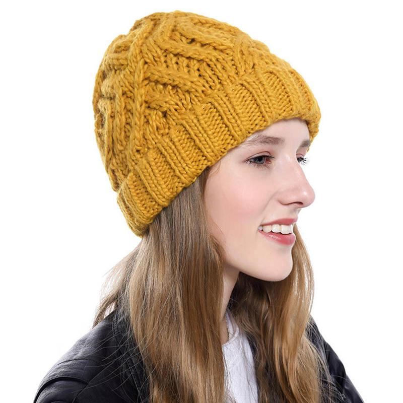 Fashion Autumn Winter Hats for Women Geometric Wool Knitted Hat Solid Handmade Beanie Cap Gorros Mujer Invierno Female Bonnet