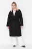 Women's Style Plus Size Black Belted Oversize Stitched Woven Coat