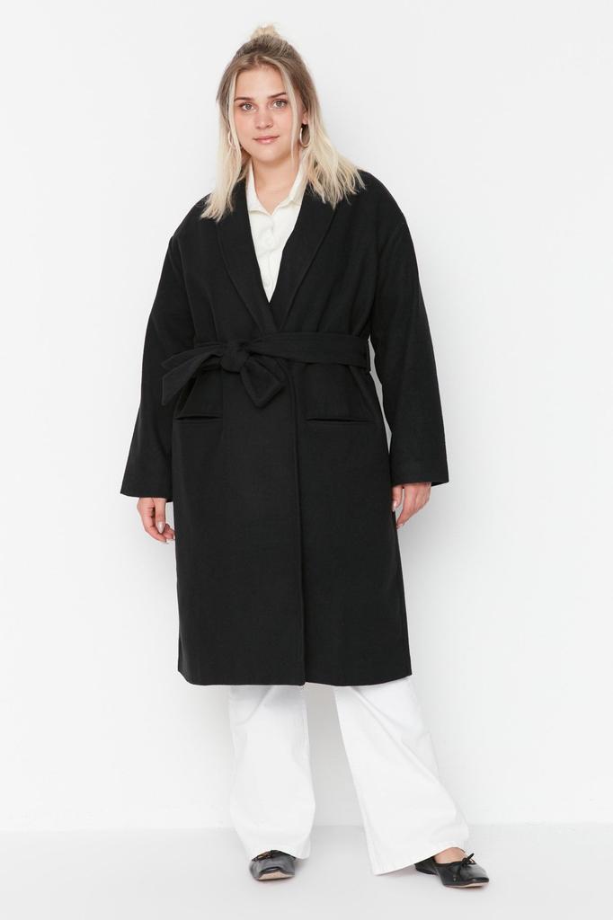 Women's Style Plus Size Black Belted Oversize Stitched Woven Coat