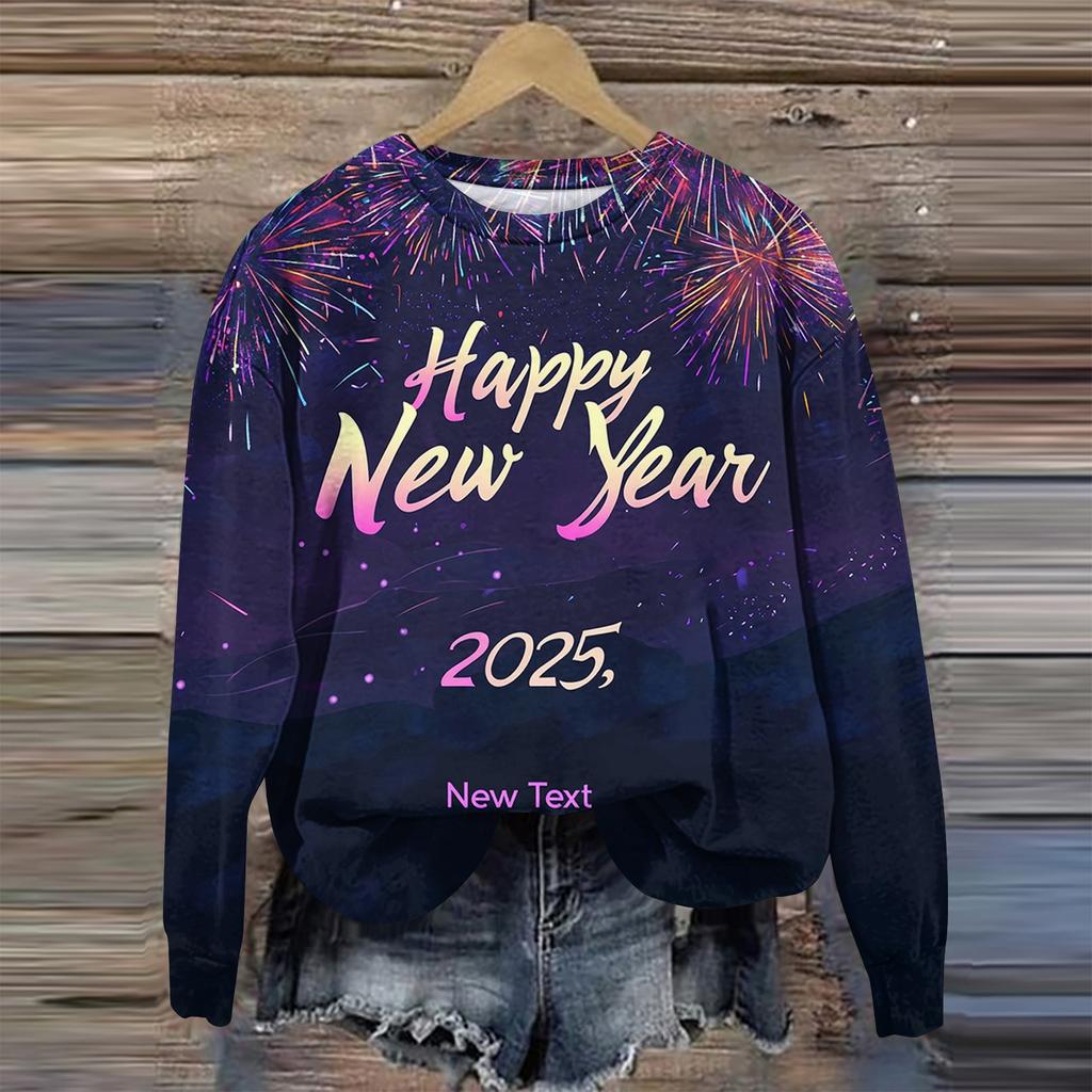 Женская мода круглый вырез пуловер длинный рукав футболка рождественский принт топ