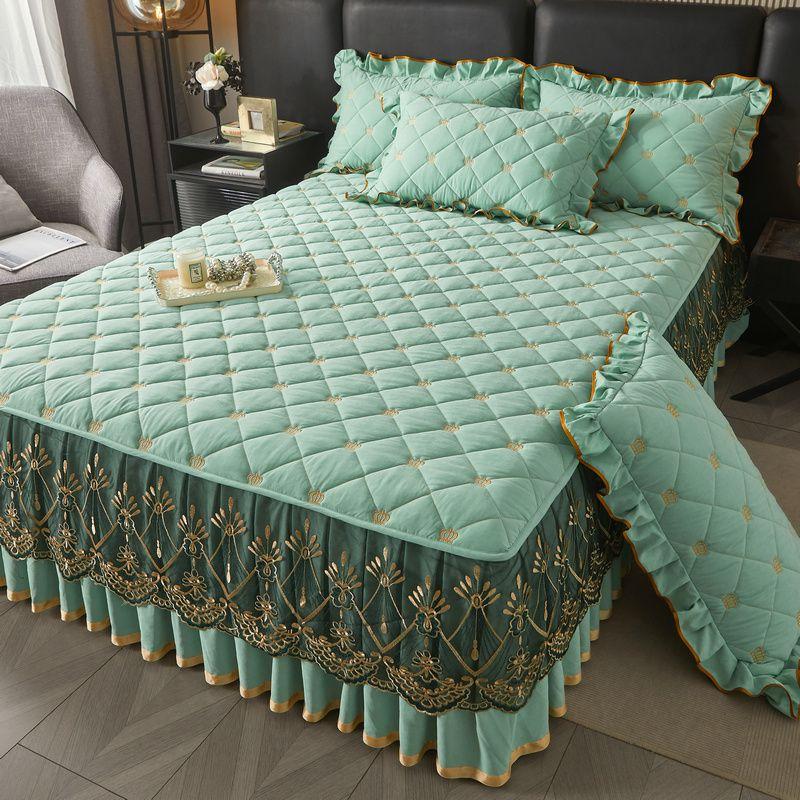 Комплект из 3 предметов: Корейская юбка для кровати принцессы, Европейское кружевное покрывало с наволочками, Современный вышитый кружевной протектор для постельного белья