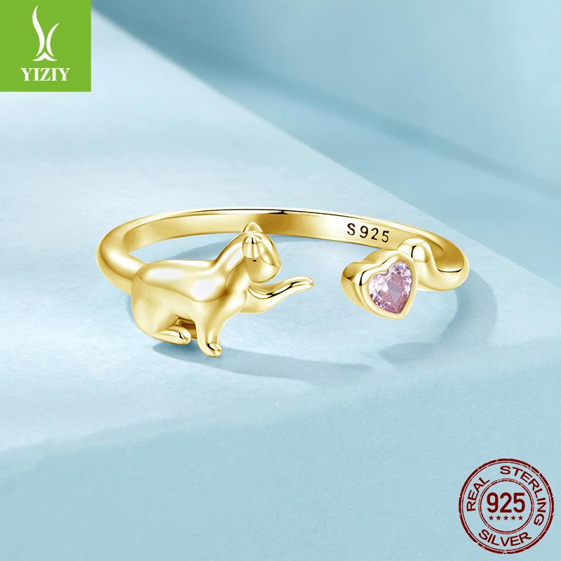 Pink Love Cat Open Ring, Sweet And Cute Animal S925 Sterling Silver Ring Ring.