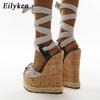 Eilyken Women's Summer Fashion New Platform Bow Lacing Design Fibre Fabric Feet Bare Lacing Wedge Sandal High Heeled Shoes