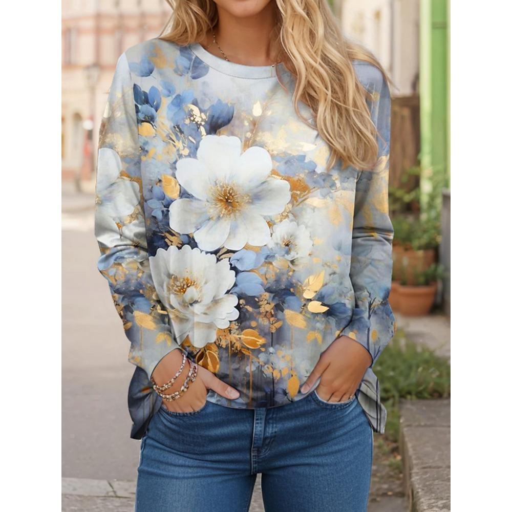 Модный женский пуловер с цветочным принтом/графикой бабочек, повседневная уличная одежда с круглым вырезом, базовая футболка с длинным рукавом, микроэластичная толстовка