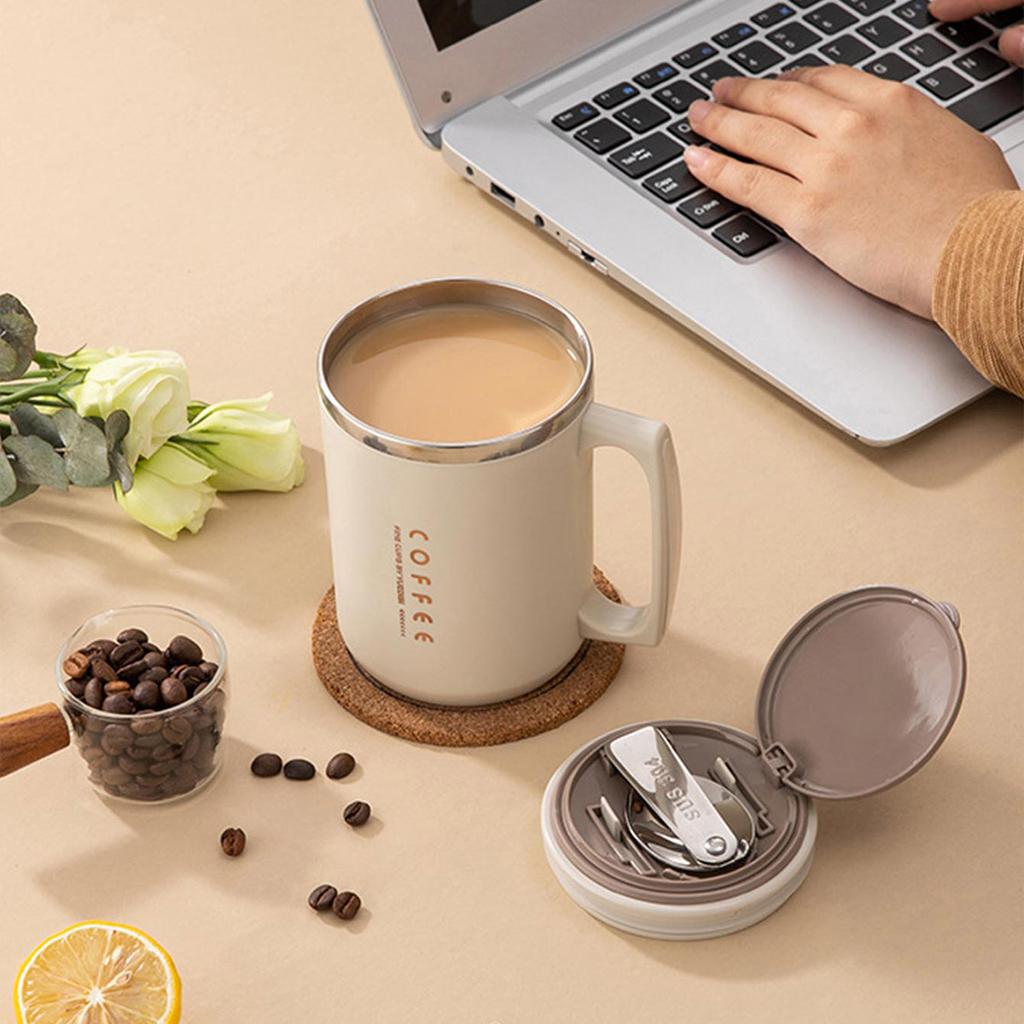 Double-layer Coffee Cup With Spoon&Straw Milk Coffee Mug Portable Insulated Anti Scalding 304 Stainless Steel Water Cup