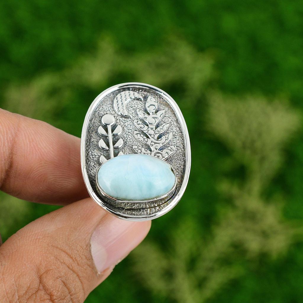 Подарок на день рождения для нее Натуральный ларимар Кольцо-обещание с регулируемым размером Серебро 925 пробы