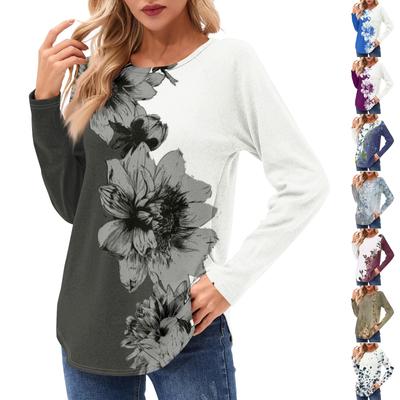 Женские рубашки с длинным рукавом, повседневные модные туники с цветочным принтом, топы с круглым вырезом, базовая свободная футболка