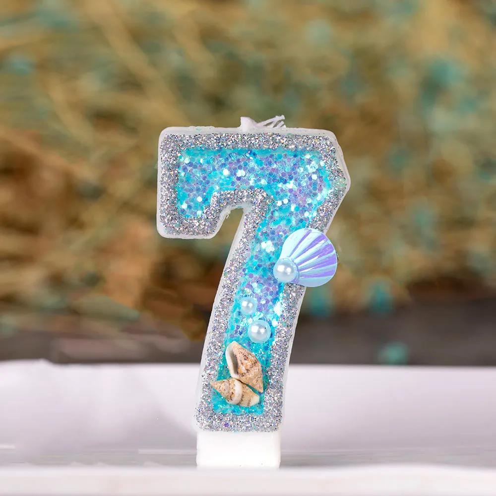 Birthday Candle 1 Year Mermaid Birthday Candle for Cake Sparkly Blue Seafish Candle Topper for Party Decorations Supplies 1