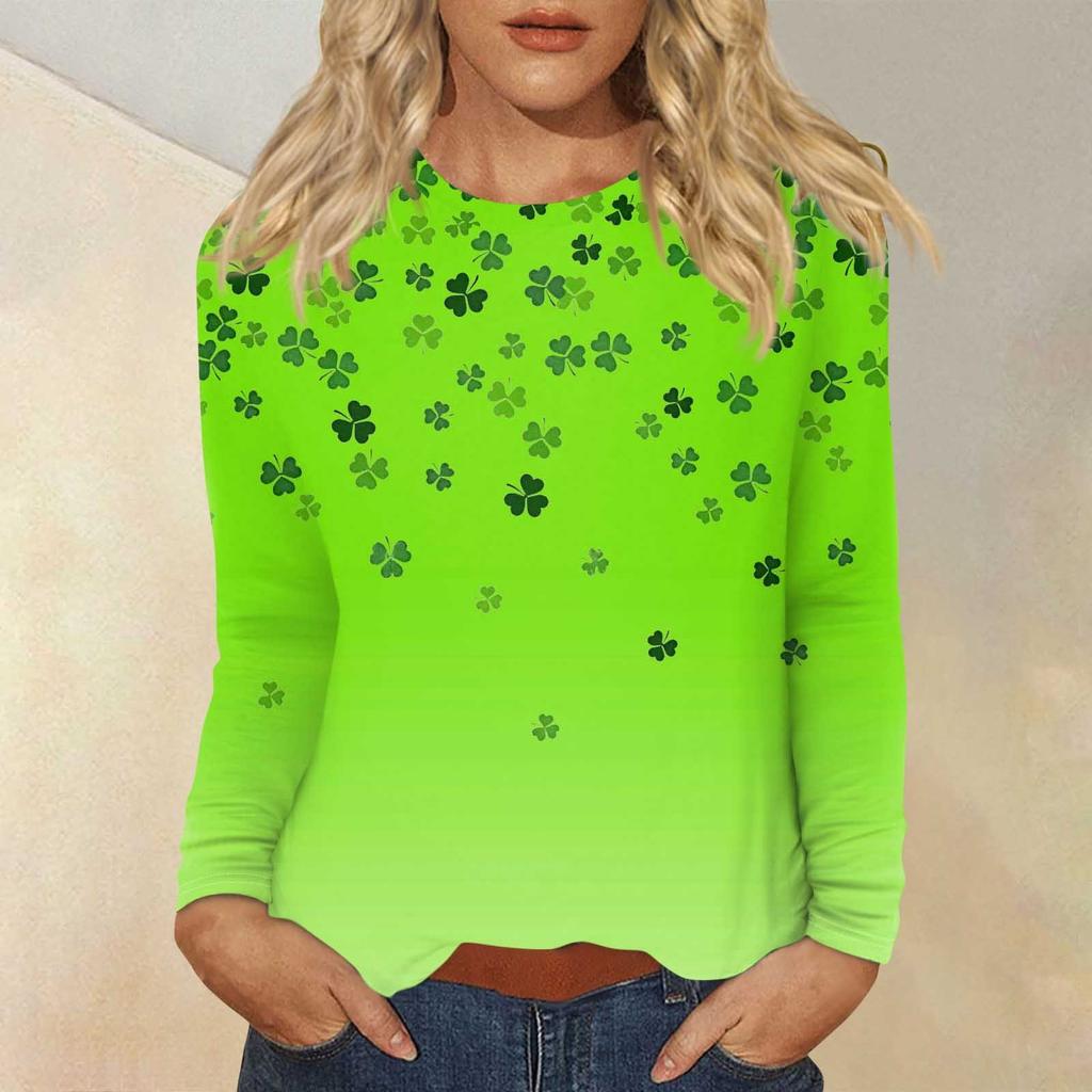 Женская повседневная повседневная рубашка с длинным рукавом. Топ с круглым вырезом и принтом ко Дню Святого Патрика