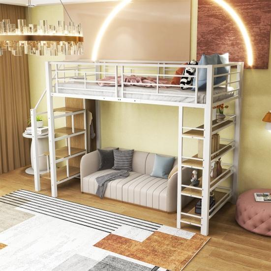 Bunk Bed Youth with Safety Stairs Several Shelves Built-in Wardrobe Adult Strong Load Bearing Metal Frame Loft Home Furniture Double Layer