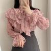 Summer Women's Vintage Solid Shirts Long Sleeve Single Breasted Button Cute Sweet Bow Tie Women Ruffled Pink Tops Blusas