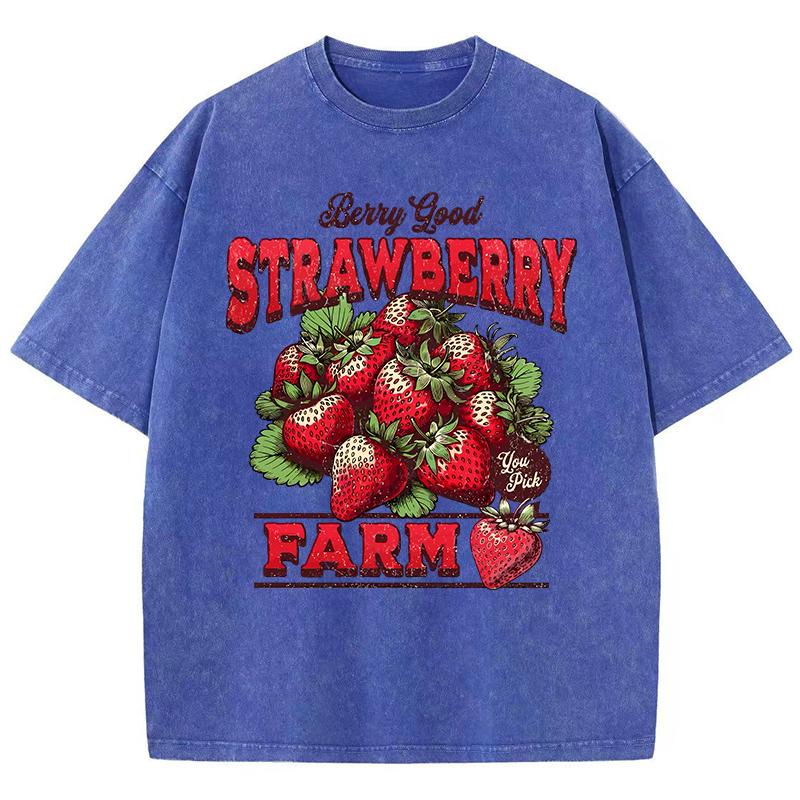 Cotton Womans Acid Wash TShirts Strawberry Farm Retro Prints Tees Comfortable Crewneck Oversized Tops Fashion Female Clothes