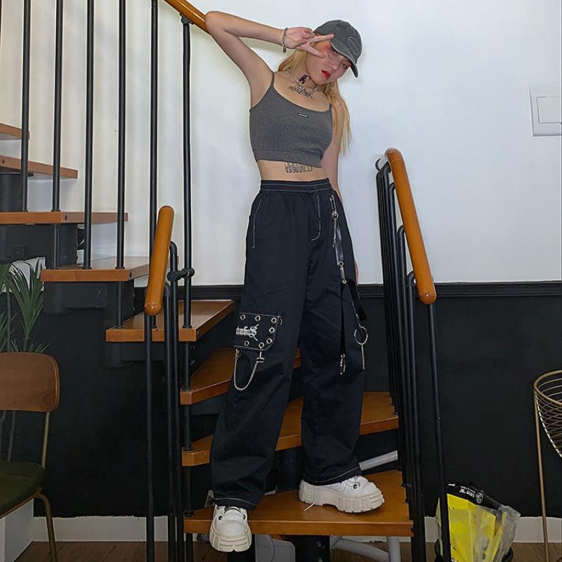 Брюки-карго в стиле панк-цепочка, женские готические широкие мешковатые брюки, уличная одежда в стиле хип-хоп, эмо, клубный стиль Y2k