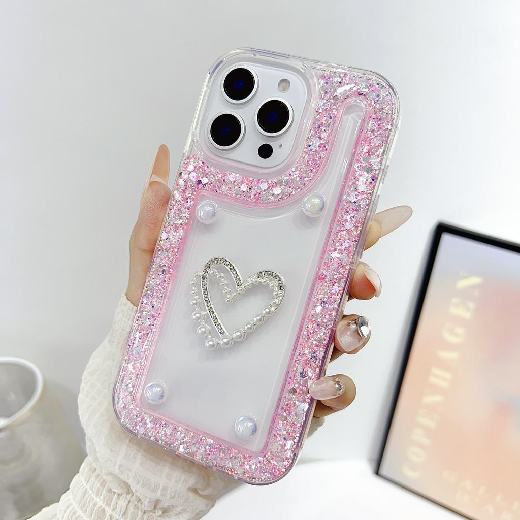 For iPhone 16 Pro Case with Pearl/Dual Heart Decor Glitter Rhinestone Epoxy Design TPU Phone Cover