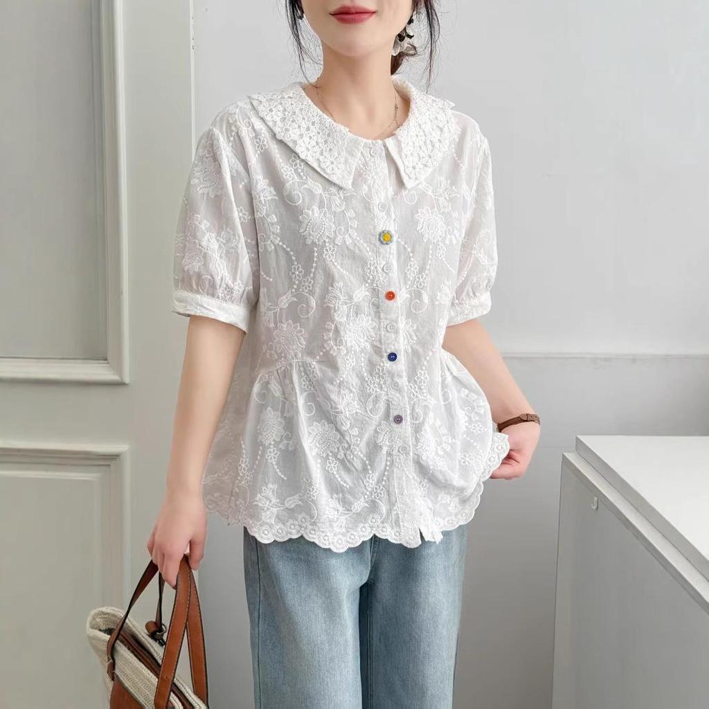 Летняя женская рубашка с воротником Питер Пэн 2025: Модная, Универсальная, Свободная, Стройнящая, Омолаживающая, Блузка с коротким рукавом